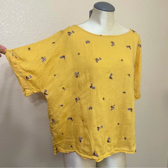 Cynthia Rowley Yellow 100% Linen Floral Print Top Size Large - Picture 3 of 9